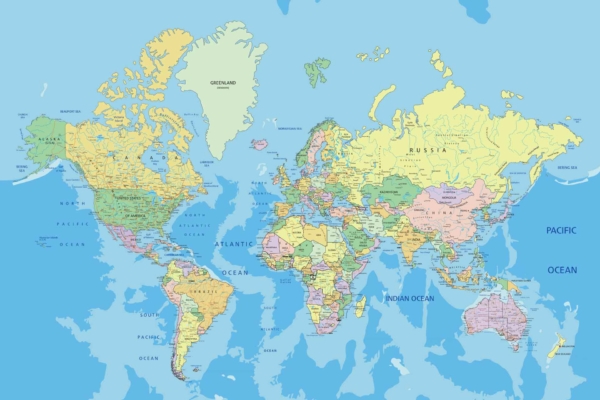 A geography-themed world map features countries in various vibrant colors, highlighting major bodies of water such as the **Pacific Ocean**, **Atlantic Ocean**, and **Indian Ocean**. Notable countries like the **USA** (red), **Canada** (green), **Brazil** (yellow), **Russia** (blue), and **Australia** (orange) are easily identifiable. Major capitals and cities are clearly marked for easy reference. The overall aesthetic is colorful and informative, enhancing both educational value and visual appeal.