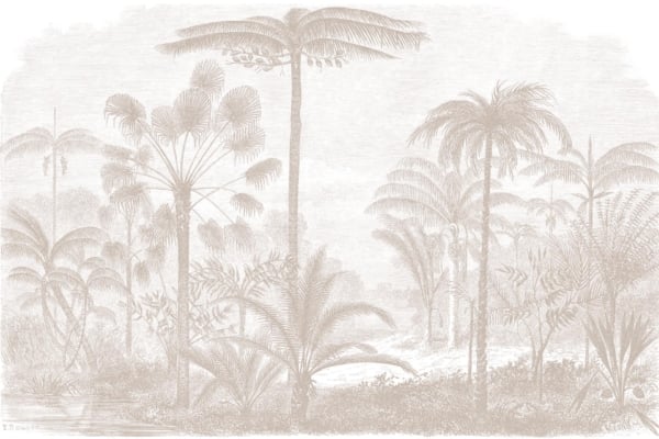 The wallpaper illustrates a dense tropical landscape featuring various types of palm trees and lush vegetation. Palm fronds fan out gracefully in the foreground, contributing to the serene and timeless quality of the scene. A distant storm looms, casting subtle tension over the otherwise calm setting. The landscape fades into a misty background, enhancing depth. Key colors include deep greens, soft browns, muted blues, and gentle grays, capturing the essence of a nearing storm amidst vibrant foliage.