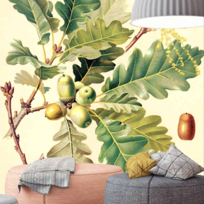 A modern living room features a large botanical wallpaper with illustrated oak leaves and acorns. The wallpaper showcases detailed elements such as **oak leaves** and **acorns**, using a rich palette of **greens** and **browns** to highlight the natural theme.