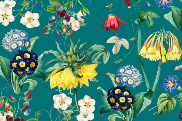 A vibrant floral pattern wallpaper on a teal background, showcasing colorful flowers like yellow, red, white, and blue blooms. Detailed illustrations of various flower shapes and textures are included, with sweet pea blossoms adding intricacy. Green foliage complements the diverse floral elements.
