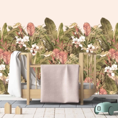 Tropical floral wallpaper with lush green leaves, pink flowers, white flowers, and brown flowers.