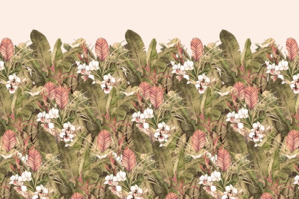 Seamless tropical wallpaper featuring lush green leaves, pink-tinted foliage, and clusters of white flowers on a beige background. Dense, vibrant, and exotic atmosphere evoking outdoor adventure. Elements: green leaves, pink foliage, white flowers. Colors: lush green, pink tint, white accents on beige background.
