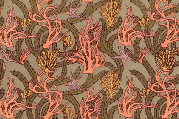 Wallpaper design features orange corals, green seaweed, yellow sea anemones, and purple starfish. The elements are set against a light green background with a hand-drawn, vintage illustration style perfect for Maggie's afternoon tea setting.