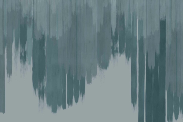 An abstract painting featuring vertical brushstrokes in varying shades of blue and gray, "Falling for You" captures the essence of a rainy day. The wallpaper highlights deep navy, cerulean, slate gray, and silver tones. Brushstroke intensity varies to create a dripping effect that transitions from darker hues at the top to lighter shades at the bottom.