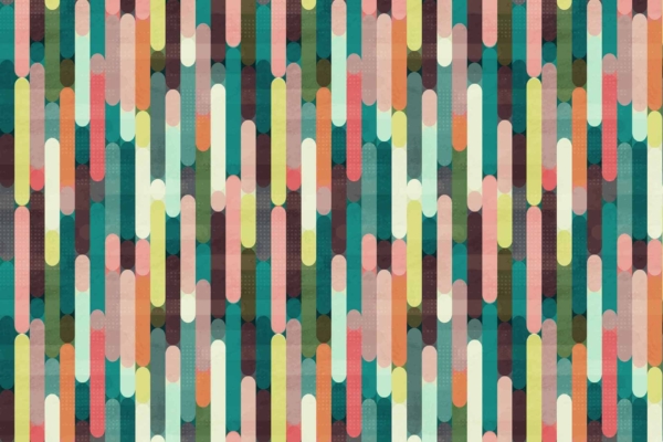 A vibrant, abstract pattern showcases vertically elongated, rounded rectangles in green, yellow, pink, red, and blue. These shapes overlap for a layered and dynamic look against a dark background. Inspired by the lively energy of a classic TV show.