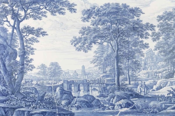 A serene, lush landscape wallpaper in blue and white. Features include a stone bridge over a river, tall trees, rocks, and distant buildings. Figures walking evoke a classic pastoral atmosphere. The mix of natural and architectural elements is prominent with detailed blues contrasting crisp whites throughout the scene. Perfect for creating a tranquil ambiance with elegant touches.
Key elements: blue and white illustration, serene landscape, stone bridge, river, tall trees, rocks, distant buildings, walking figures.