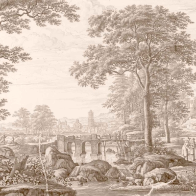Sepia-toned landscape wallpaper: serene river, lush forest, tall trees, stone bridge over river, distant buildings, church with tall spire. Two figures on riverbank; one singing blues notes.