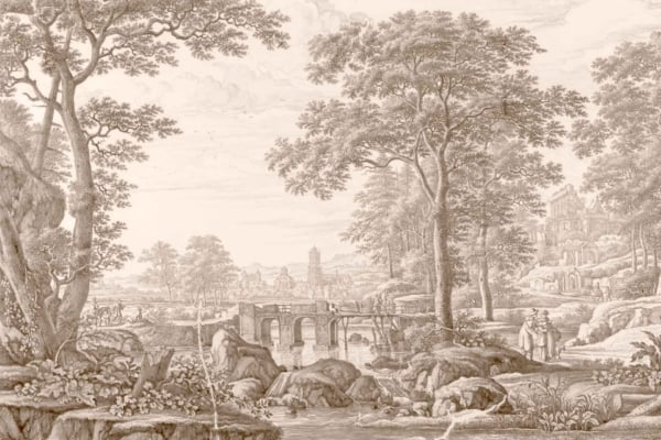 Sepia-toned landscape wallpaper: serene river, lush forest, tall trees, stone bridge over river, distant buildings, church with tall spire. Two figures on riverbank; one singing blues notes.