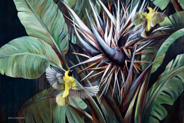 The wallpaper "My Cherie" features vibrant elements: two yellow birds with black heads, spiky tropical flower in vivid hues, and large green leaves. The detailed texture and bright palette of yellows, blacks, greens, and exotic floral colors make it stand out.
