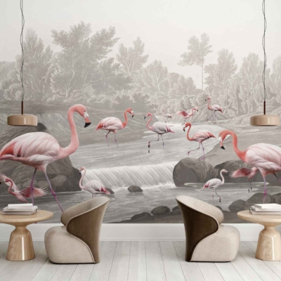 Mural with pink flamingos, waterfall, lush greenery.
