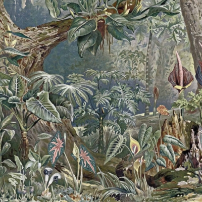 Wallpaper Description: A lush, vibrant jungle scene. Dominant colors include rich greens, deep browns, and pops of bright hues from exotic flowers. Elements feature large leaves in the foreground and scattered tropical plants, trees, flowers, and mushrooms. Background is dense with greenery creating depth and natural abundance.