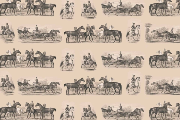 Vintage seamless wallpaper pattern, black-and-white illustrations, horses and carriages, scenes of horses being ridden, pulling carriages, groups of horses with pony riders, 19th-century attire, beige background.