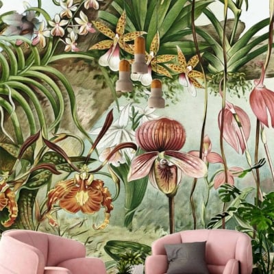 Botanical wall mural with orchids, vibrant tropical theme, exotic plants, lush greenery, pink flowers, white orchids, vivid blues and greens.
