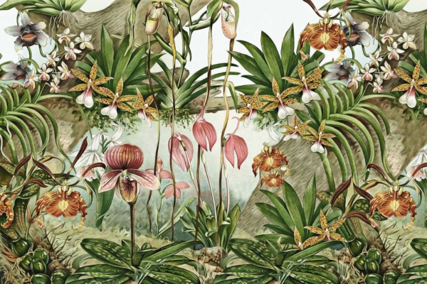 Wallpaper highlights:
- Intricate botanical illustration
- Various species of orchids
- Vivid colors
- Flowers with different shapes and patterns
- Dancing flowers up and down
- Lush green leaves and stems
- Dense and vibrant natural scene