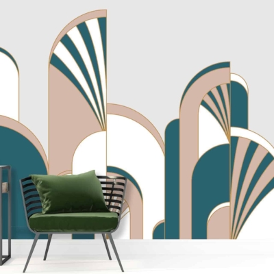 Art deco-inspired wall mural with abstract fan shapes in teal, beige, and white.