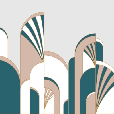 Abstract art wallpaper featuring a series of symmetrical, elongated arch shapes in shades of teal, beige, and white. The arches have a layered, fan-like appearance with alternating colors against a light grey background. The design embraces the elegance of Style Moderne, incorporating depth and movement through its sophisticated color palette.