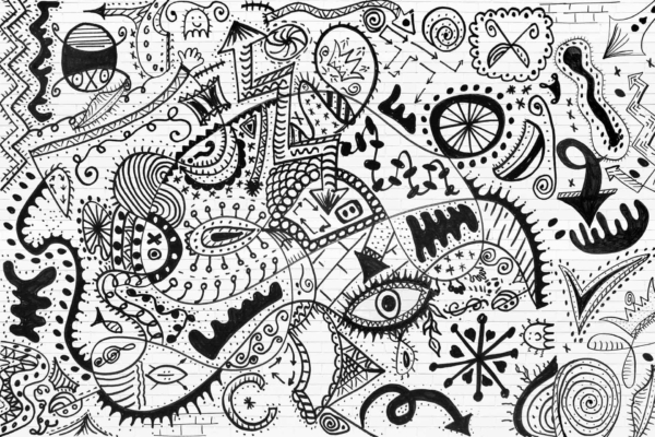 This wallpaper features a densely packed black and white doodle artwork. It is filled with abstract shapes including swirls, stars, eyes, arrows, zigzags, and various detailed patterns and symbols. The intricate collage creates an elaborate display across the entire canvas in monochrome tones. Key elements: swirls, stars, eyes, arrows, zigzags; black and white.
