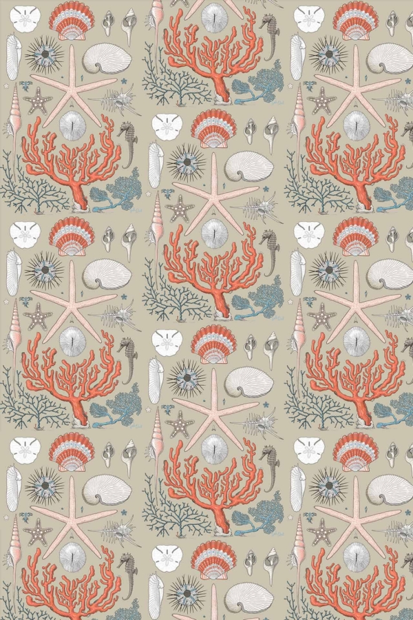 A beige background wallpaper featuring a repeating pattern of seashells, starfish, red and blue corals, seahorses, and various marine life. The design is subtly illuminated by gentle light.