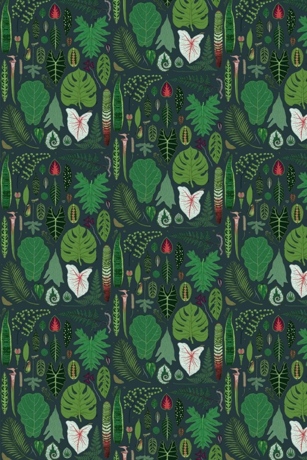 Seamless wallpaper pattern, green leaves, flowering plants, dark background, various shapes and sizes of leaves, veined patterns, dotted patterns, striped patterns, lush composition with hints of light.