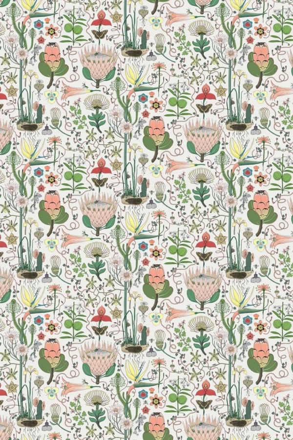 Seamless botanical wallpaper pattern with intricate details features a variety of flowering plants and vibrant flowers in green, red, pink, and yellow tones on a light background. Whimsical elements such as birds and insects are interspersed among the flora. The detailed design includes greenery, blooming petals, small animals (like butterflies), and the vivid hues create a lively yet delicate composition perfect for décor enthusiasts seeking nature-inspired elegance.