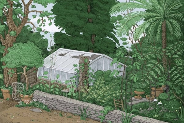 Wallpaper features lush greenery, tall trees, ferns, flowering plants. Includes stone wall with potted plants and a small table and chairs on the side. Elements: green foliage, tree trunks, colorful flowers, stone textures. Colors: various greens, earthy browns, floral hues (reds/yellows).