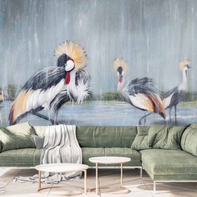 Large mural of cranes, standing in water, painted in shades of grey, blue, and soft colors. Serene reminder 