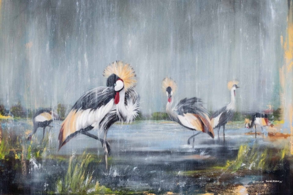 Wallpaper features:
- Five gray crowned cranes
- Distinctive yellow crown feathers on cranes
- Marshy landscape setting
- Misty, grayish sky in the background
- Blurred vegetation for a serene, atmospheric quality
Inspired by the saying "This Too Shall Pass.