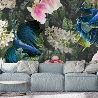 Vibrant mural with insatiable Betta fish, large lush floral patterns, featuring bright reds, blues, greens.