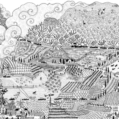 **Wallpaper Keywords:**
- **Whimsical Landscape**
- **Serene Cape Winelands**
- **Black-and-white illustration**
- **Rolling Hills**
- **Small Town with Intricate Buildings**
- **Diverse Trees and Farmland**
- **Tiny Cars, Animals, Trains**
- **Swirly Cloud Formations**
This detailed black-and-white wallpaper captures a whimsical landscape reminiscent of the serene Cape Winelands, featuring rolling hills adorned with diverse trees and farmland. A small town with intricate buildings nestles in the scene, while numerous tiny cars, animals, and trains traverse through it. Above all, swirly cloud formations complete this enchanting image.