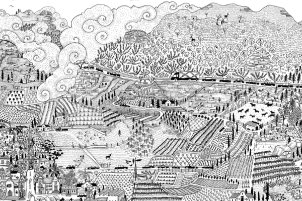**Wallpaper Keywords:**
- **Whimsical Landscape**
- **Serene Cape Winelands**
- **Black-and-white illustration**
- **Rolling Hills**
- **Small Town with Intricate Buildings**
- **Diverse Trees and Farmland**
- **Tiny Cars, Animals, Trains**
- **Swirly Cloud Formations**
This detailed black-and-white wallpaper captures a whimsical landscape reminiscent of the serene Cape Winelands, featuring rolling hills adorned with diverse trees and farmland. A small town with intricate buildings nestles in the scene, while numerous tiny cars, animals, and trains traverse through it. Above all, swirly cloud formations complete this enchanting image.