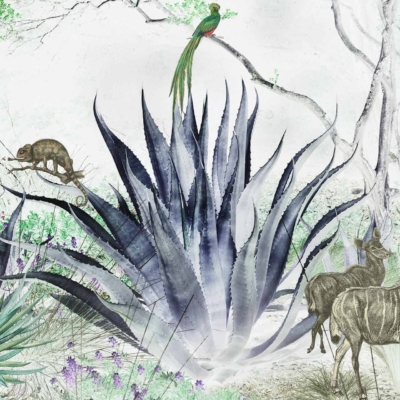 Wallpaper illustration: Features a central large agave plant with dark green, pointed leaves. Surrounding elements include two antelopes, a chameleon on a tree branch, and a green bird perched above. The scene is set among various desert vegetation in soft, muted colors: greens, browns, and subtle earth tones.