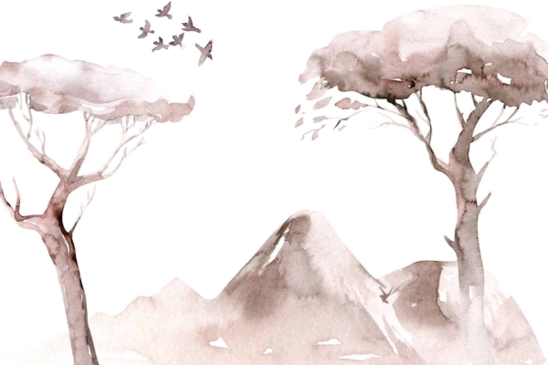 Wallpaper:
- Serene landscape watercolor
- Two tall, leafless trees on opposite sides
- Birds landing in distance
- Mountain range in muted brown and gray tones
- Minimalistic white background