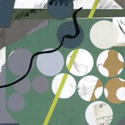The abstract collage wallpaper features an interplay of geometric shapes and textures. Circles, lines, and a mix of colors such as green, gray, white, and beige dominate the composition against a textured backdrop. The black wavy line running diagonally becomes a focal point amidst this structured chaos.