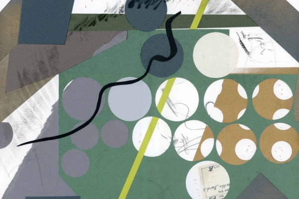 The abstract collage wallpaper features an interplay of geometric shapes and textures. Circles, lines, and a mix of colors such as green, gray, white, and beige dominate the composition against a textured backdrop. The black wavy line running diagonally becomes a focal point amidst this structured chaos.