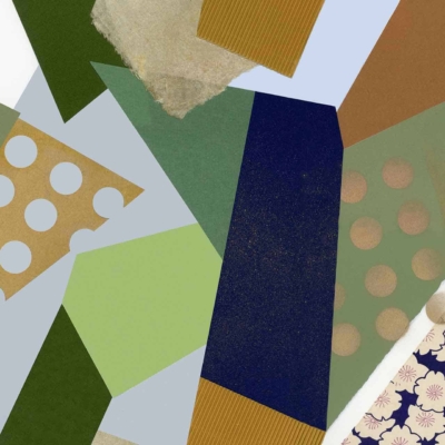 A vibrant abstract collage wallpaper featuring green, brown, blue, and light blue textured paper shapes. Includes patterns like polka dots and floral designs intertwined in a dynamic composition reminiscent of New Gold Dream.