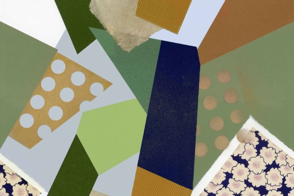 A vibrant abstract collage wallpaper featuring green, brown, blue, and light blue textured paper shapes. Includes patterns like polka dots and floral designs intertwined in a dynamic composition reminiscent of New Gold Dream.