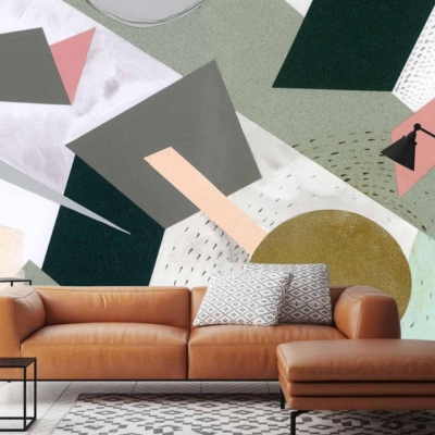 The wallpaper showcases a large abstract mural featuring shapes in pastel colors with muted tones and splashes of pink. The design includes a mix of geometric and organic forms, softly blending hues like blush, mint green, soft blue, and gentle cream for a soothing yet dynamic visual effect.