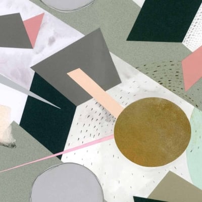 Abstract wallpaper featuring geometric shapes in muted greens, pinks, and grays. Rectangles, triangles, and circles are layered and overlapping. Central textured golden circle stands out. Various textures intermingle throughout the piece for added intrigue.