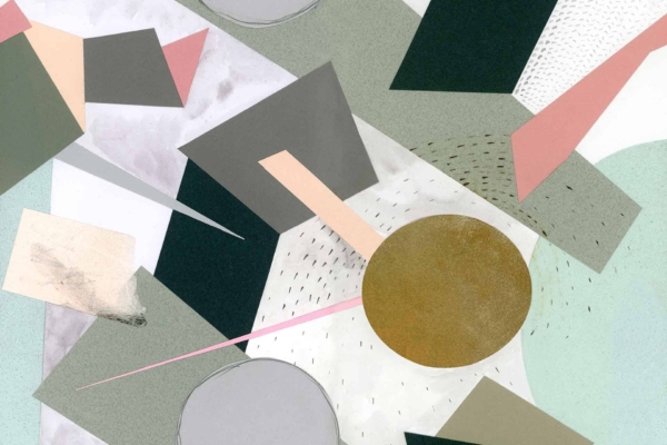 Abstract wallpaper featuring geometric shapes in muted greens, pinks, and grays. Rectangles, triangles, and circles are layered and overlapping. Central textured golden circle stands out. Various textures intermingle throughout the piece for added intrigue.
