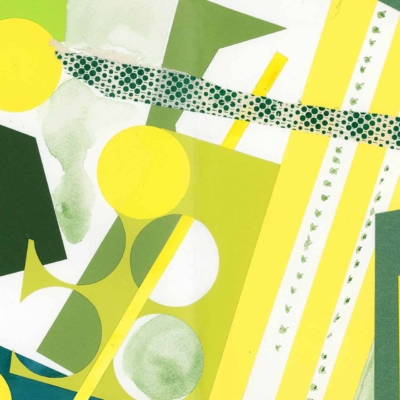 Vibrant abstract collage wallpaper with geometric shapes in yellow and green. Circles, triangles, and rectangles create a dynamic composition. Textured patterns and lines add bling for a playful visual effect. Perfect for evoking a lively spring morning ambiance.
