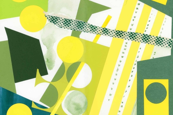 Vibrant abstract collage wallpaper with geometric shapes in yellow and green. Circles, triangles, and rectangles create a dynamic composition. Textured patterns and lines add bling for a playful visual effect. Perfect for evoking a lively spring morning ambiance.
