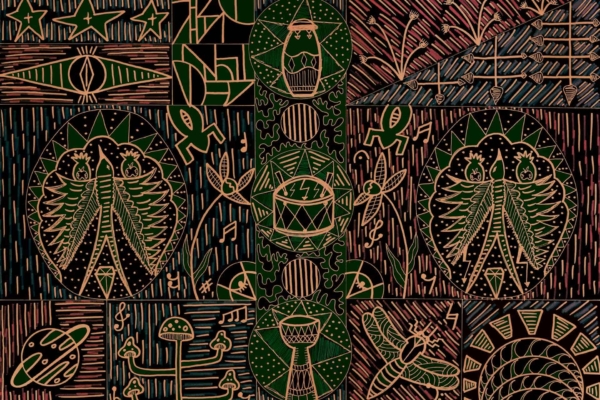 Wallpaper Features:
- Highly detailed and intricate abstract illustration
- Symmetrical, nature-inspired patterns
- Elements: insects, plants, mushrooms, geometric diamond shape, celestial elements
- Colors: primarily dark green and brown hues 
- Natural elegance 

Ideal for search terms: nature-inspired wallpaper, symmetrical patterns, insect and plant design, dark green and brown wallpaper.