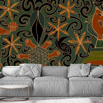 The wallpaper features intricate swirling lines, botanical shapes, a Rubik's cube, a fish, and skeletal elements. Colors include warm hues that create an inviting flow.