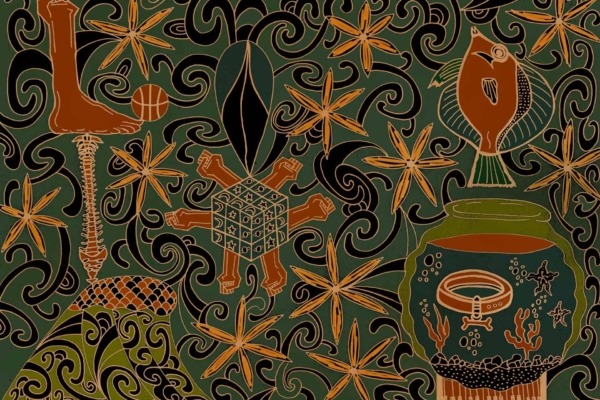 Dark green wallpaper featuring surreal elements: orange stars, fish, stylized leg with ball, cube with limbs, decorated urn with underwater scenes. Detailed and vibrant design flows seamlessly.