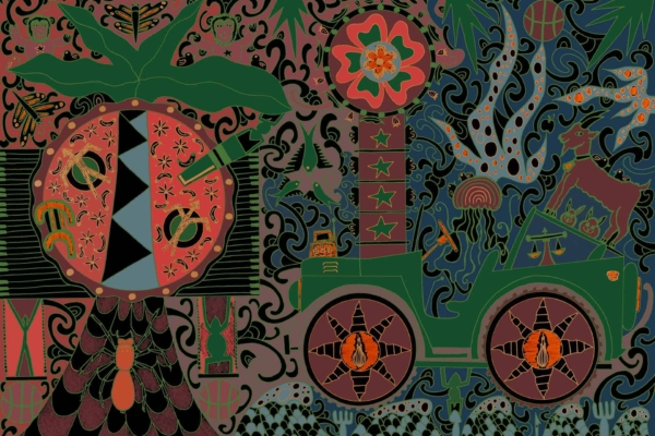 The wallpaper features a vibrant, abstract design with a large, colorful face adorned with geometric patterns and a leafy top. Beside the face, there's a groovy green vehicle decorated with stars and flowers. The background is surreal and swirling, filled with various organic and intricate designs. The dominant colors include bright greens, bold blues, striking pinks, vivid yellows, and rich purples.
