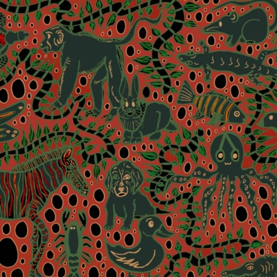 Vibrant nature-inspired wallpaper. Features green and red animals: turtle, monkey, lion, zebra, octopus, birds. Intertwined with lush foliage. Human-like elements expressing love. Orange background with black and red circular patterns.
Keywords: vibrant wallpaper, nature-inspired design, green and red animals, turtle wallpaper, monkey wallpaper, lion illustration, zebra artwork, octopus design, birds in foliage, human-like elements of love art.