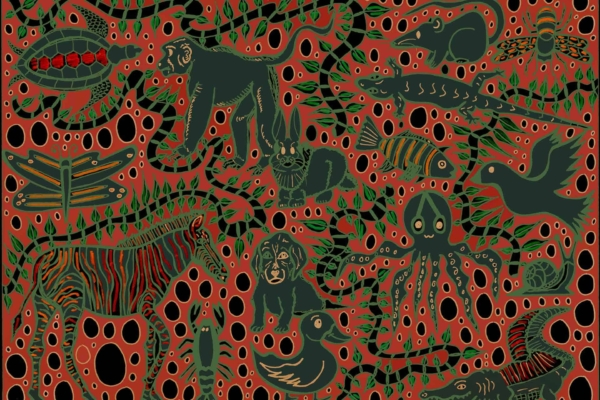 Vibrant nature-inspired wallpaper. Features green and red animals: turtle, monkey, lion, zebra, octopus, birds. Intertwined with lush foliage. Human-like elements expressing love. Orange background with black and red circular patterns.

Keywords: vibrant wallpaper, nature-inspired design, green and red animals, turtle wallpaper, monkey wallpaper, lion illustration, zebra artwork, octopus design, birds in foliage, human-like elements of love art.