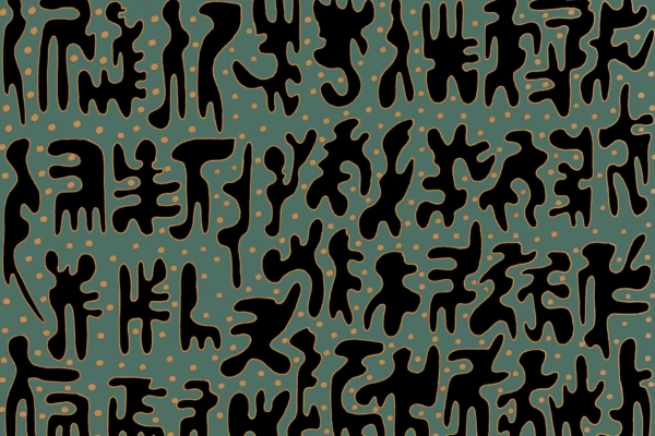 Wallpaper: green background with small brown spots, black abstract shapes resembling organic figures, fluid quasi-calligraphic appearance, varying sizes and forms.