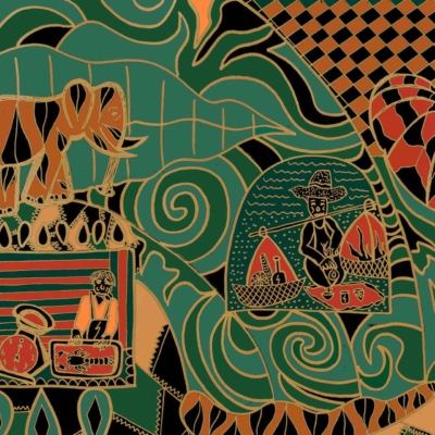 A vibrant, abstract wallpaper featuring an elephant, a butterfly, a drummer, and a sailor amidst swirling patterns and geometric shapes. Rich colors include deep blues, vivid reds, bright yellows, and lush greens. Intricate details and dynamic composition evoke Thai Hot culture's aesthetic.
