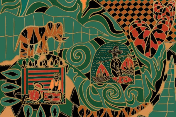 A vibrant, abstract wallpaper featuring an elephant, a butterfly, a drummer, and a sailor amidst swirling patterns and geometric shapes. Rich colors include deep blues, vivid reds, bright yellows, and lush greens. Intricate details and dynamic composition evoke Thai Hot culture's aesthetic.